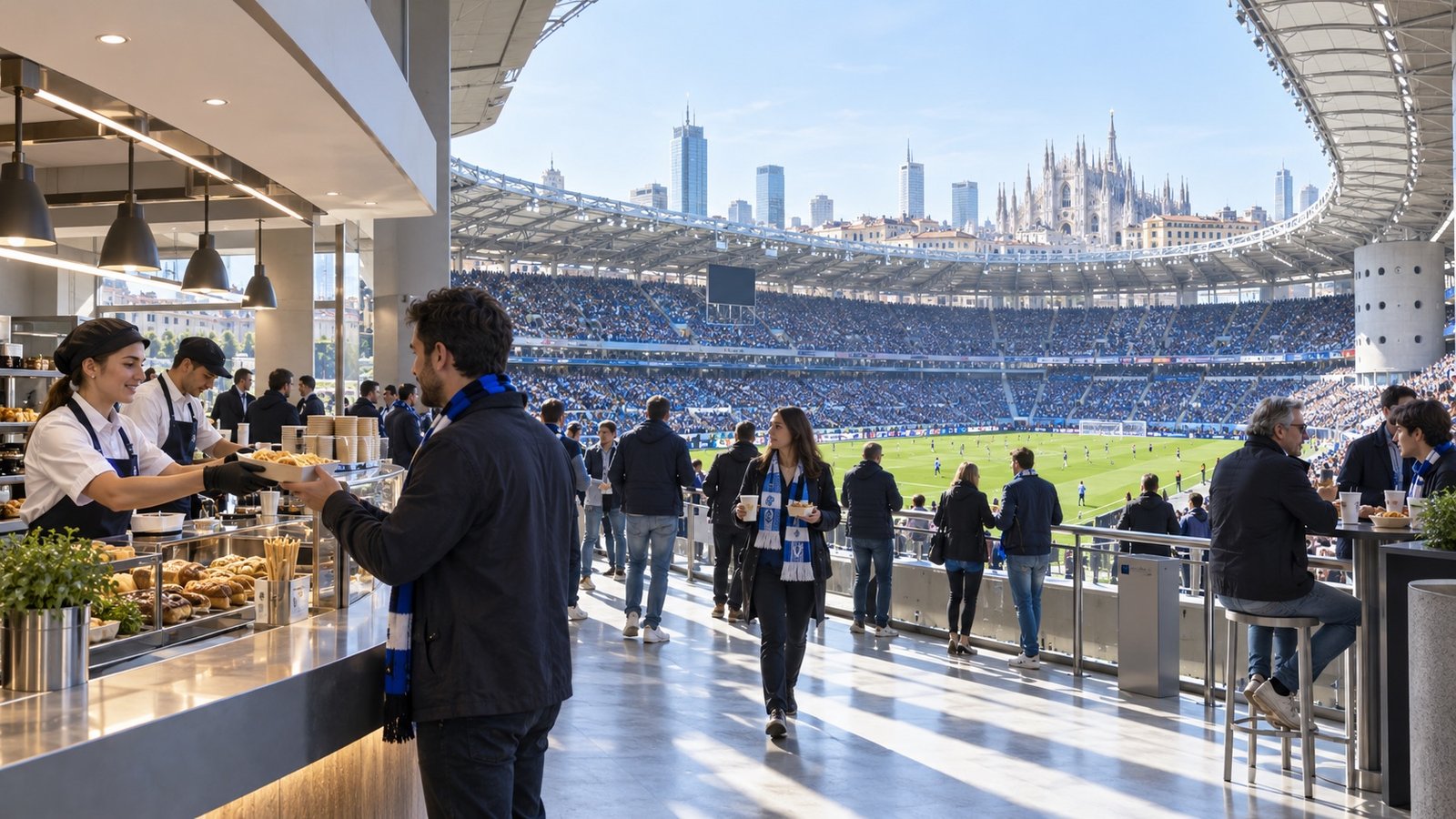 Illustrative concept image of a modern stadium concourse with food service, guests and a view across the pitch